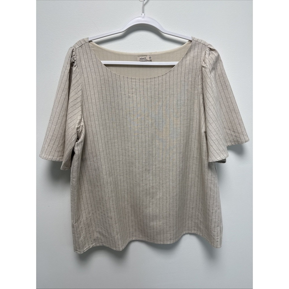 Inherit Co. Flutter Sleeve Striped Beige Cream Preppy Office Linen Blouse Sz XL